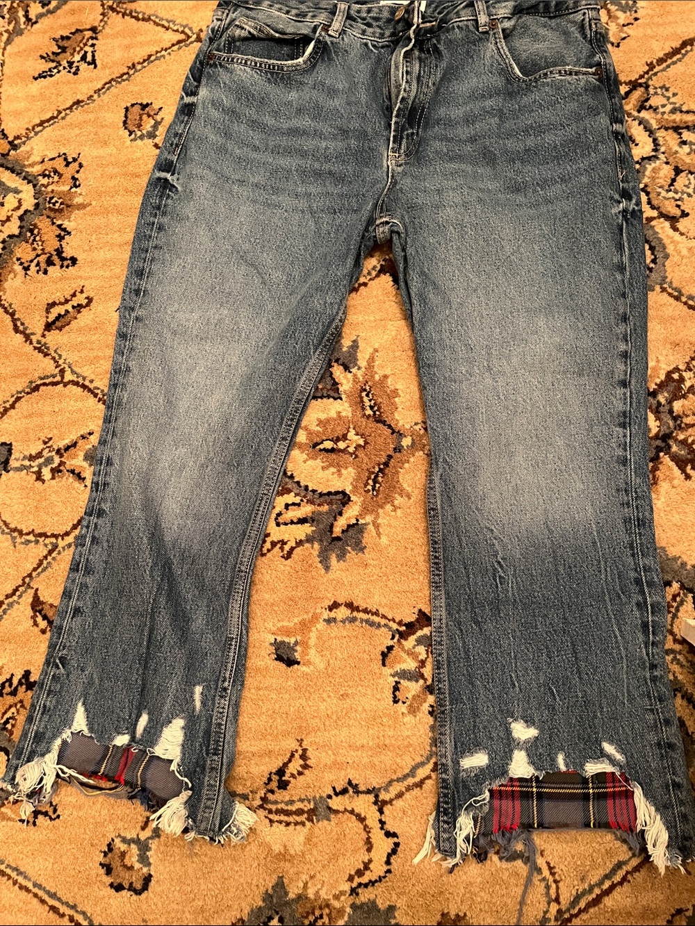 Zara Women’s Distressed Blue Denim Jeans with plaid detail